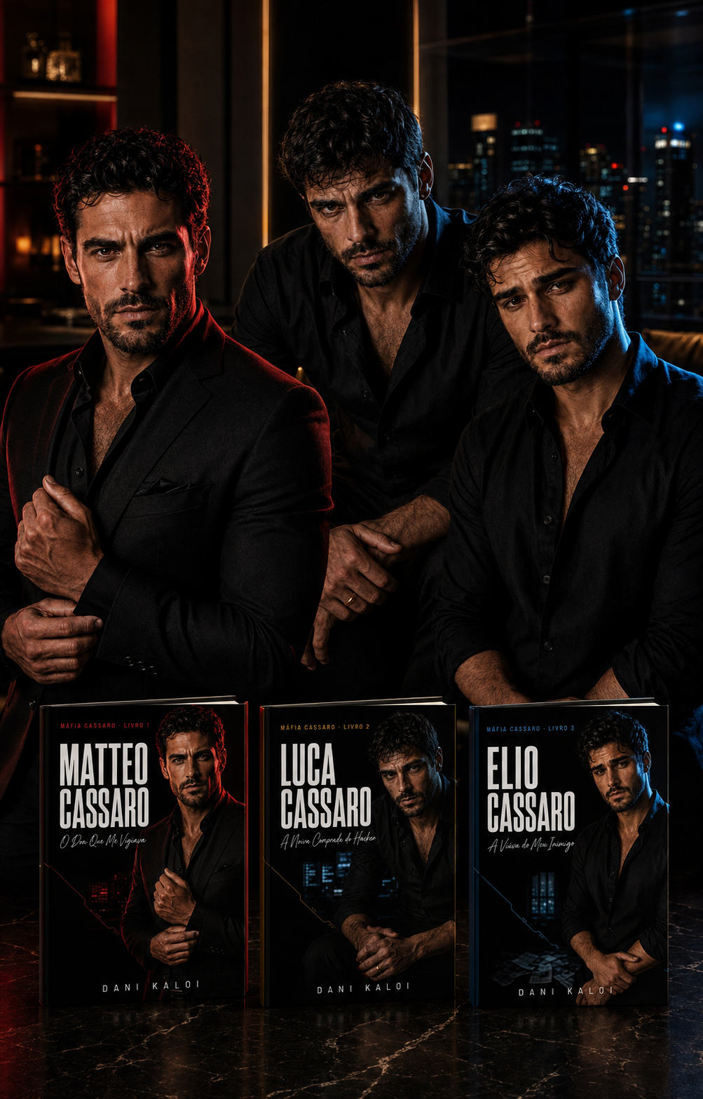Os três irmãos Cassaro com os livros da trilogia